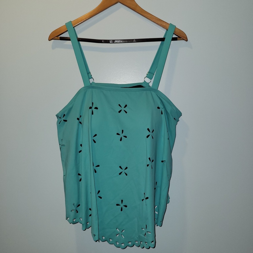 Fit 4 U Aqua Laser‎ Cut Scalloped Tankini Top Plus Size 18W A304232 Turquoise